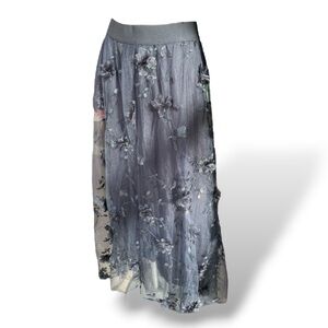 NWT JOH. BRAND 3D tulle mesh layered Black Floral Embroidered Midi Skirt L *READ